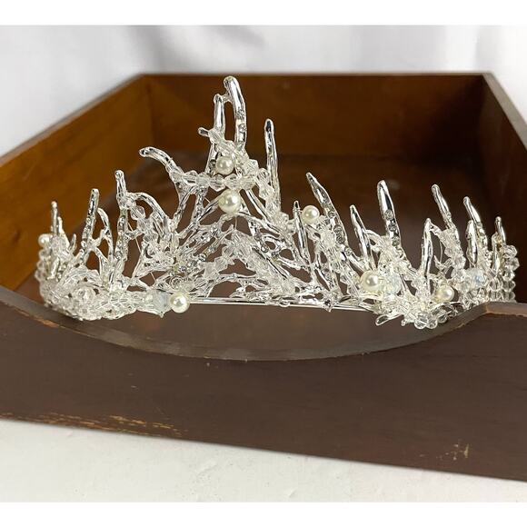 Clear Rhinestone Pearl Bead Silver Tone Metal Bridal Tiara Crown NEW - Picture 11 of 16